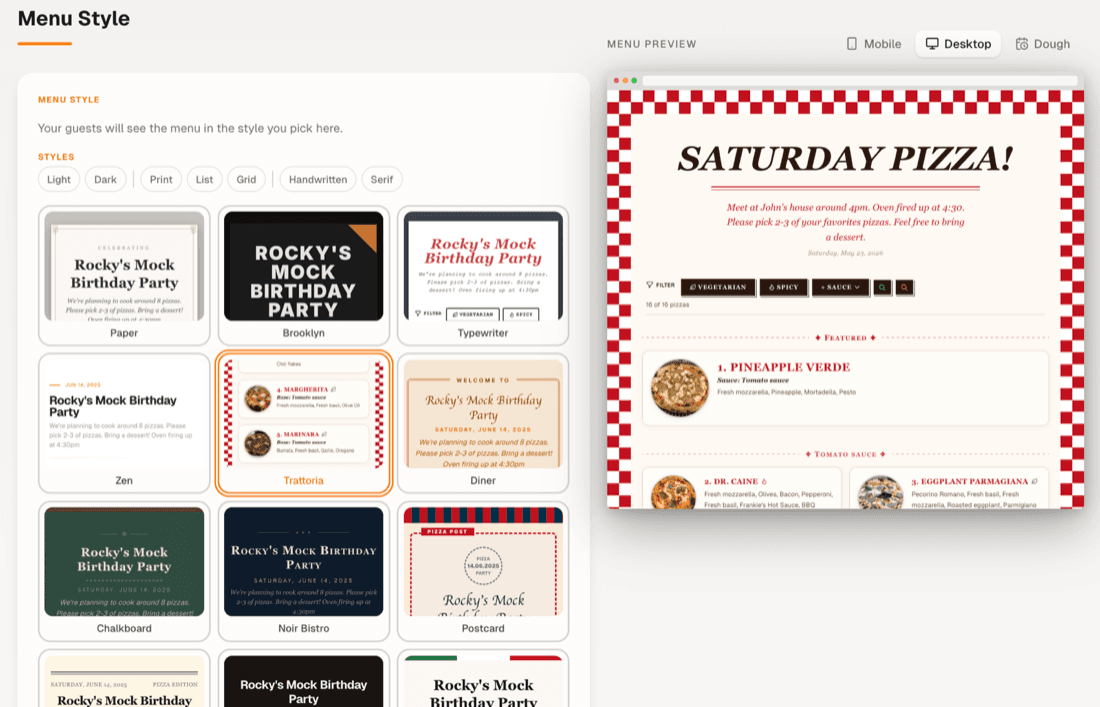 The menu style picker showing multiple styles with a live preview