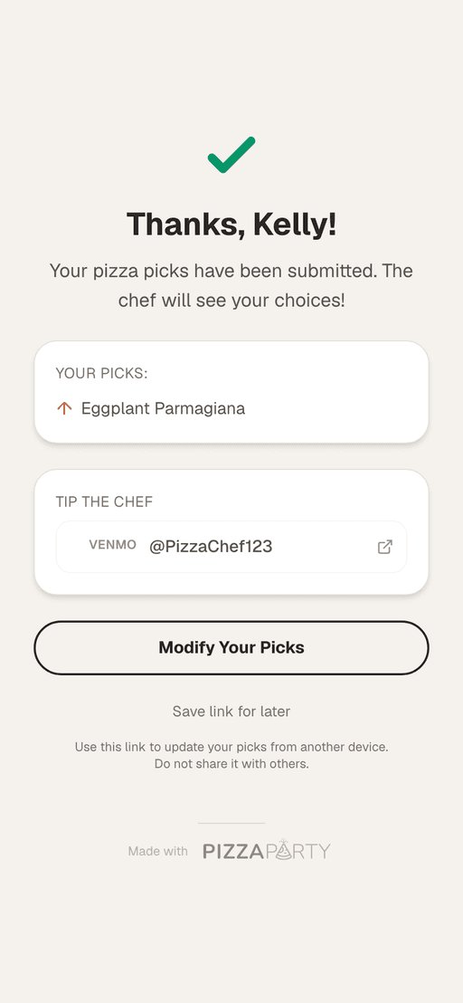 The thanks screen a guest sees after submitting their picks