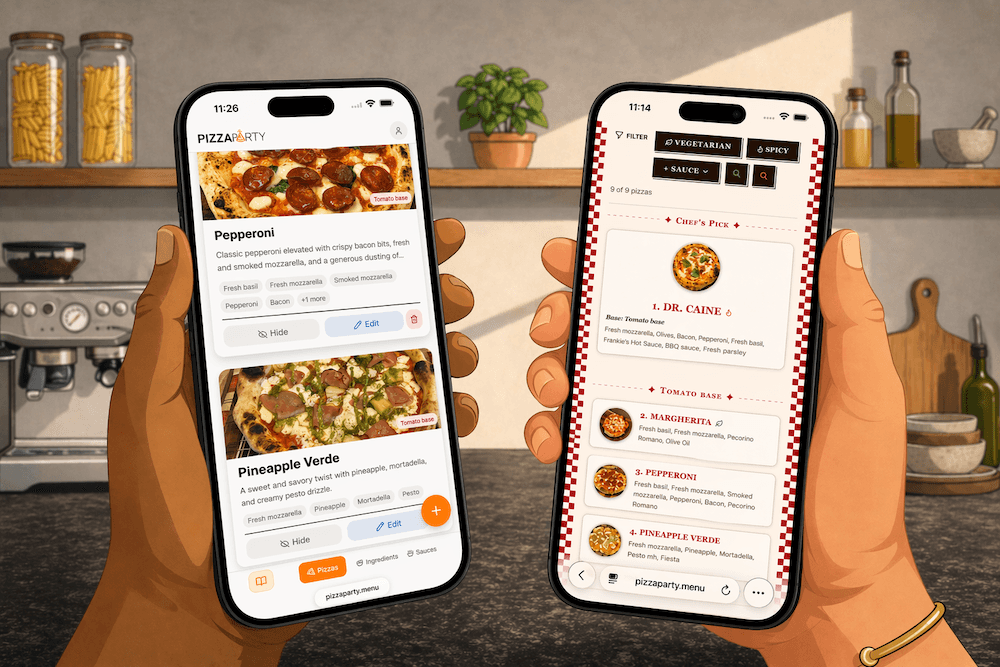 Two phones showing the pizza library and a guest menu side by side
