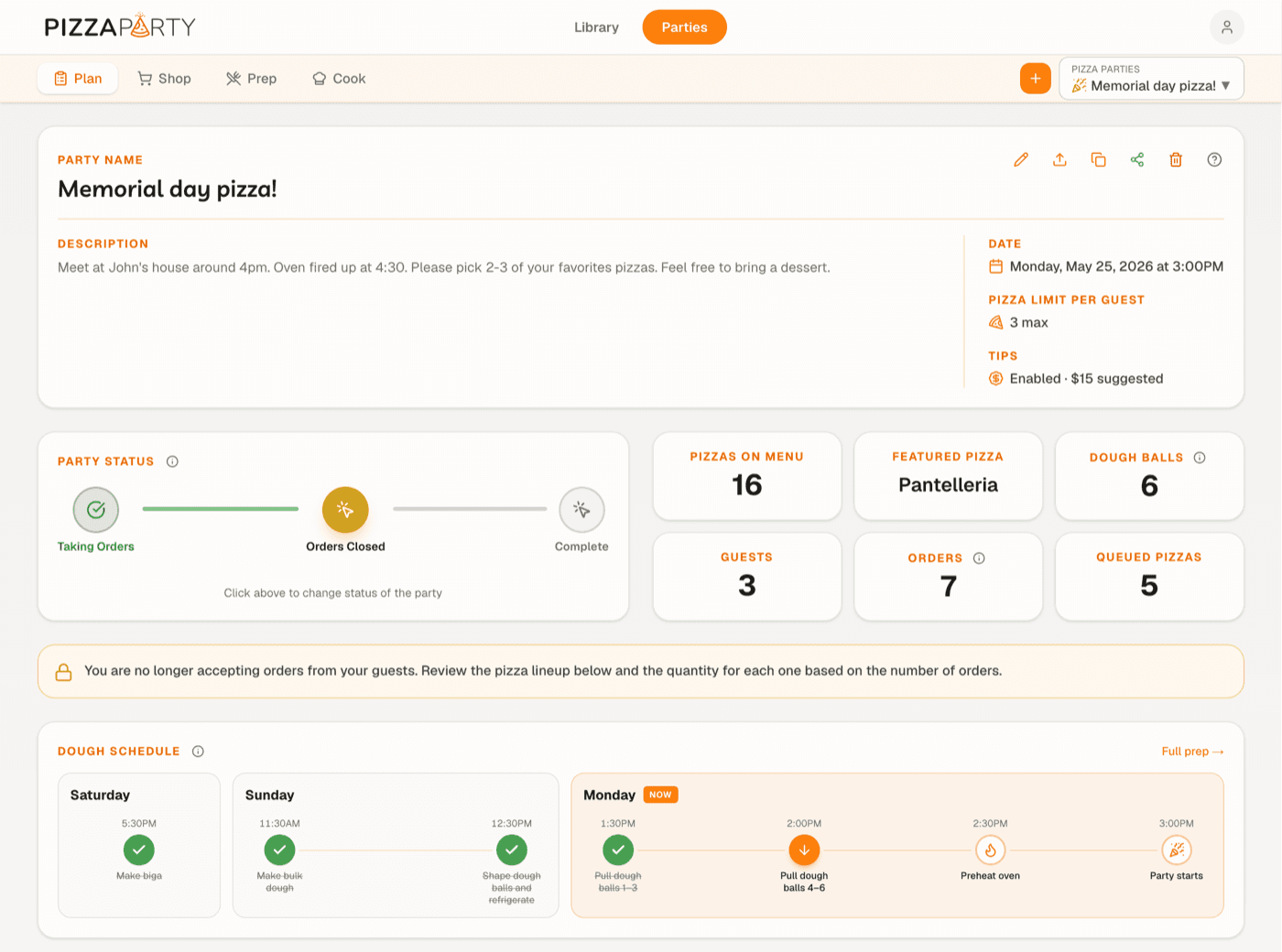 The party dashboard showing status, guest and order counts, and the dough schedule