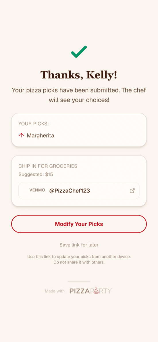 Kelly seeing the thanks screen after submitting her pizza picks