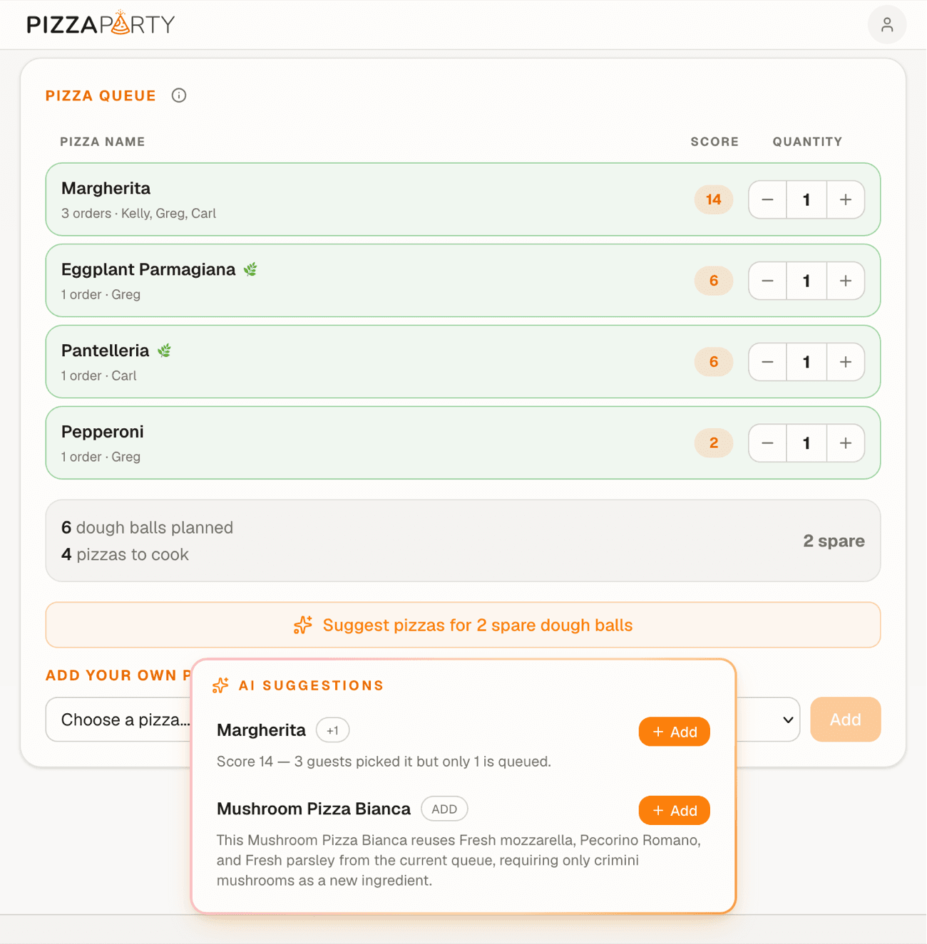 The host's pizza queue showing every guest order grouped by pizza