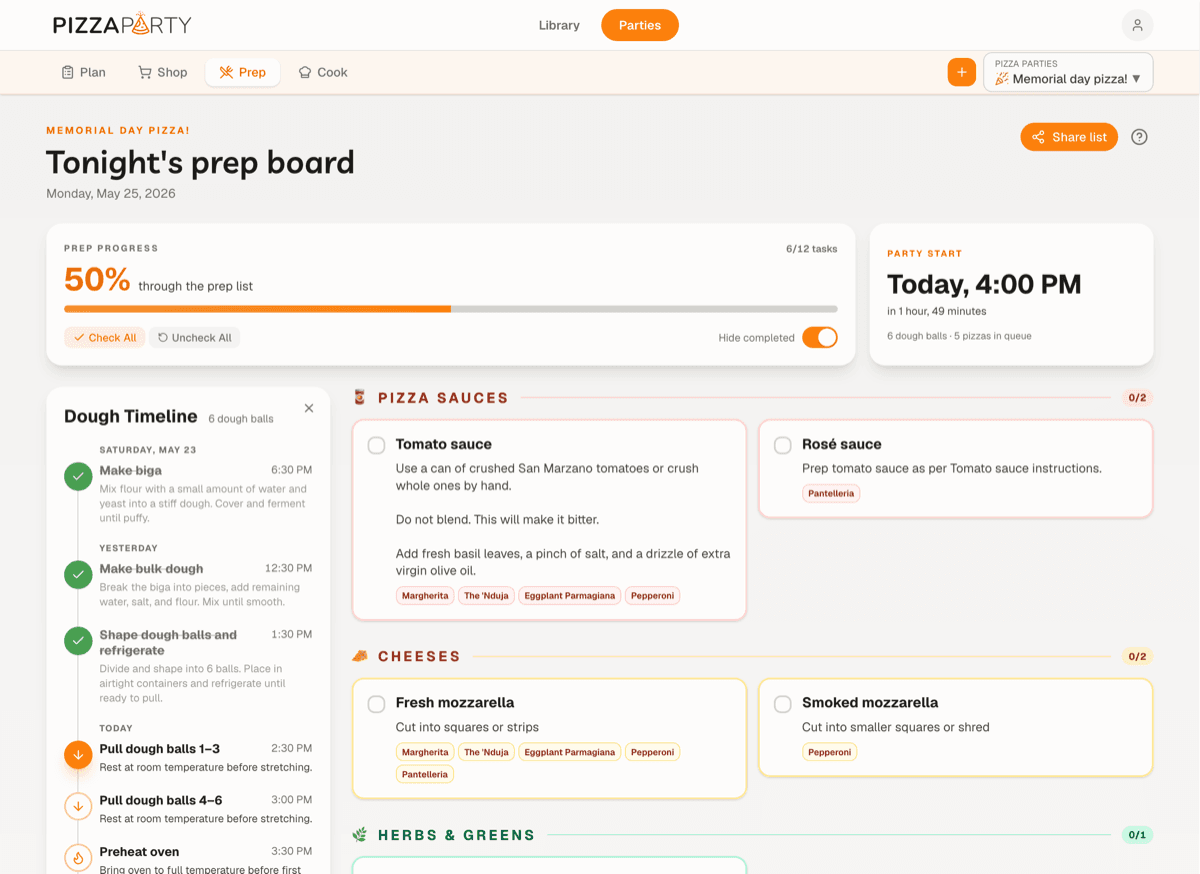 The prep board with a dough timeline alongside prep tasks